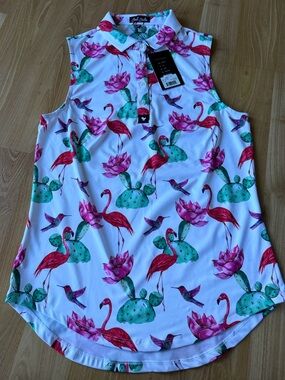 Bad Birdie NWT women’s “Flock With Me” sleeveless polo shirt size large birds